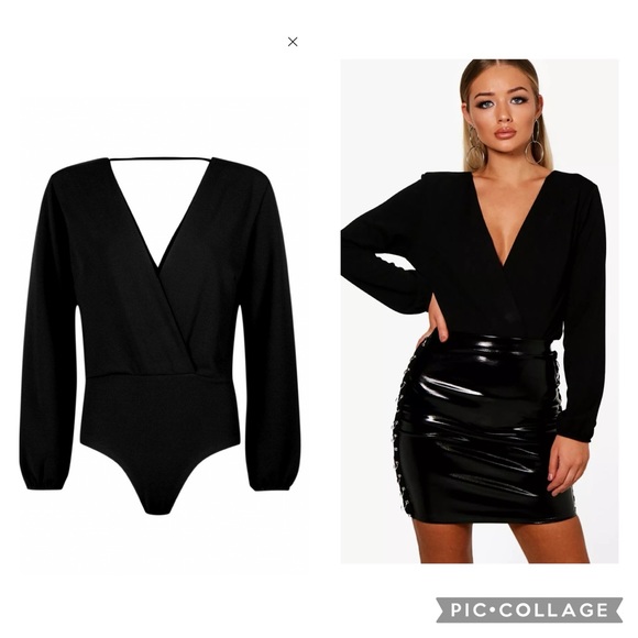 Boohoo Tops - Boo Hoo Bodysuit Hallie Wrap Long Sleeve Black NWT Size 10